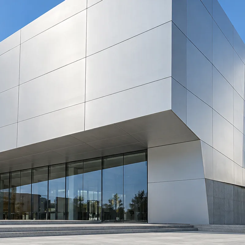 Visualización arquitectónica de una fachada con paneles de aluminio claros y juntas precisas